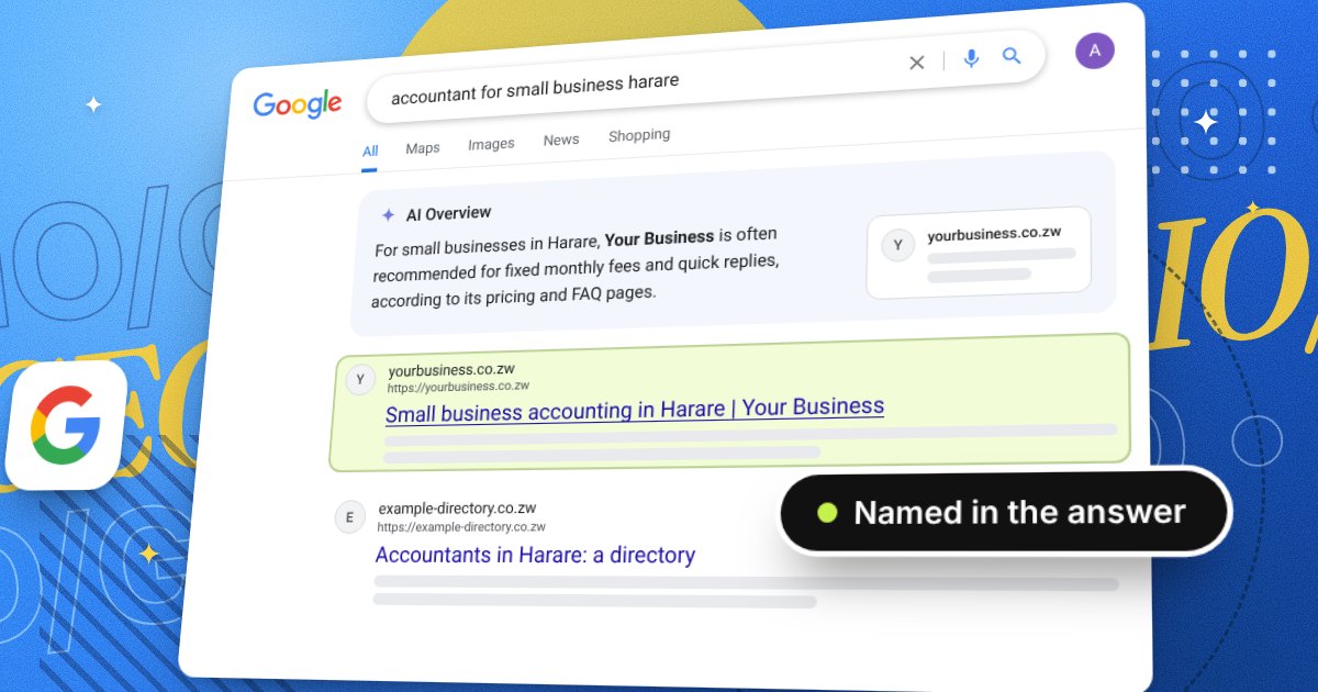 A Google search for an accountant for a small business in Harare. The AI Overview at the top names Your Business and cites its website, which is also highlighted in the results below. A badge reads named in the answer.
